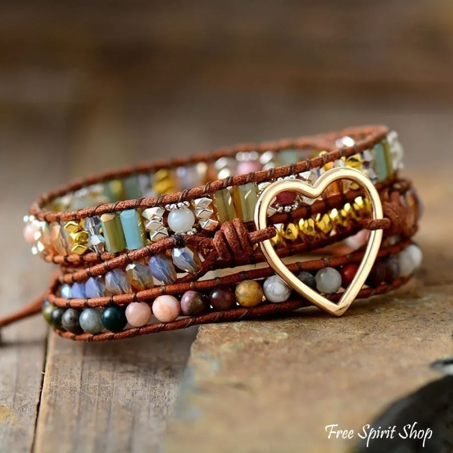 Mixed Gemstones & Heart Charm Wrap Bracelet