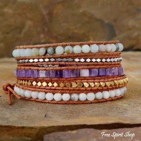 Natural Amazonite & Amethyst Stone Leather Wrap Bracelet