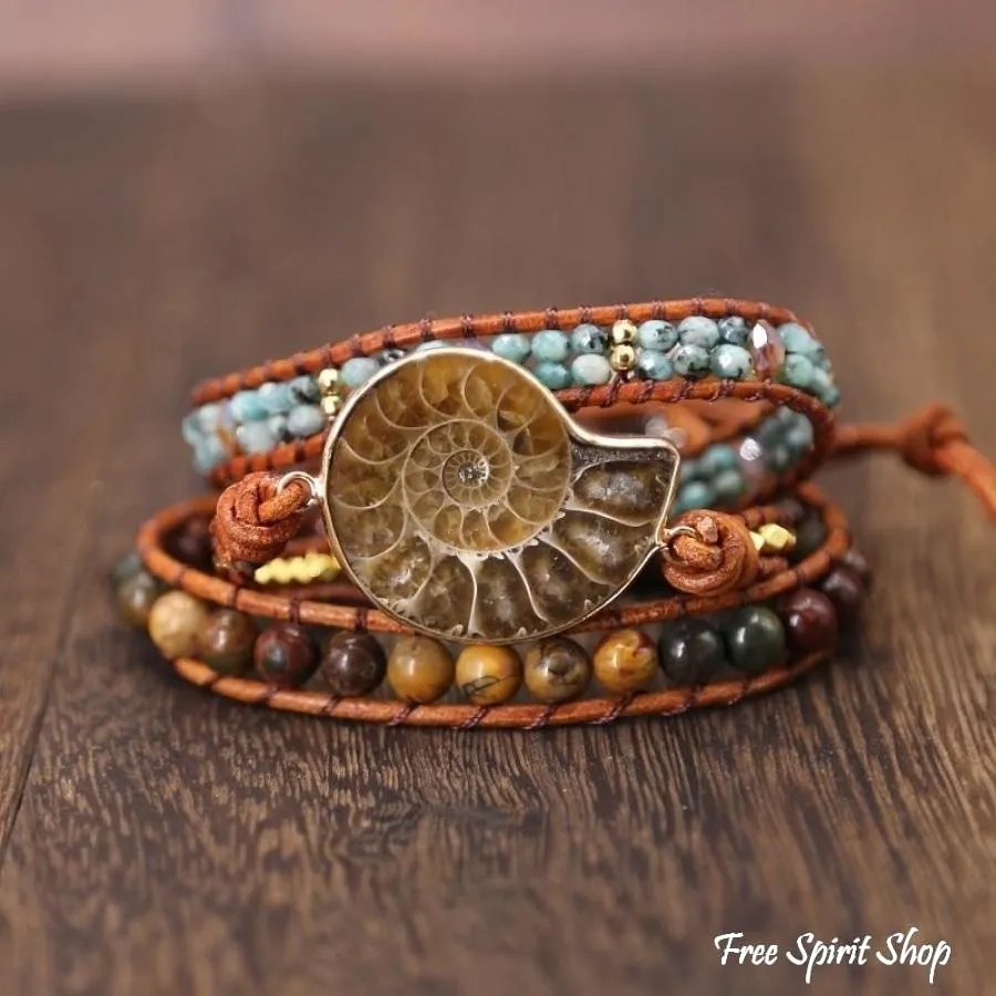 Natural Ammonite Fossil Jasper & African Turquoise Wrap Bracelet