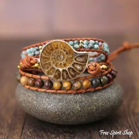 Natural Ammonite Fossil Jasper & African Turquoise Wrap Bracelet