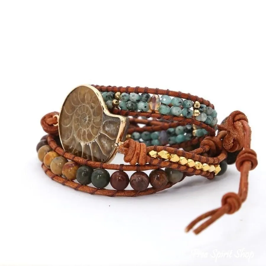 Natural Ammonite Fossil Jasper & African Turquoise Wrap Bracelet