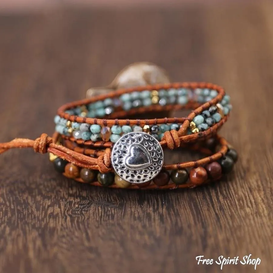 Natural Ammonite Fossil Jasper & African Turquoise Wrap Bracelet