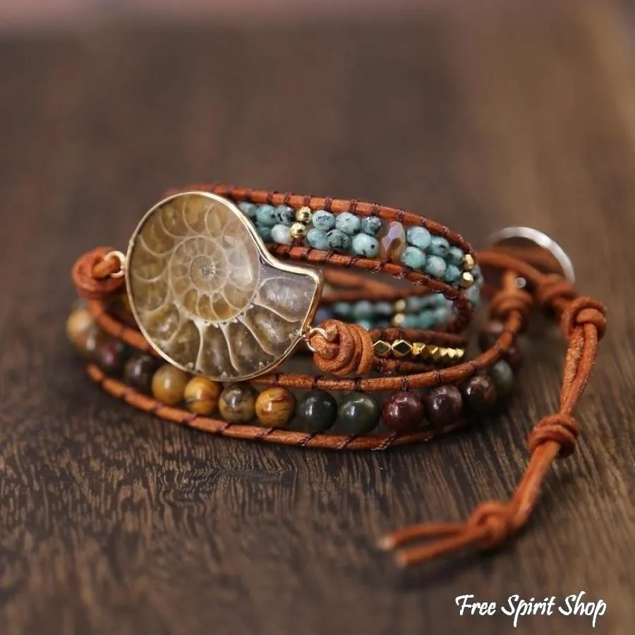 Natural Ammonite Fossil Jasper & African Turquoise Wrap Bracelet