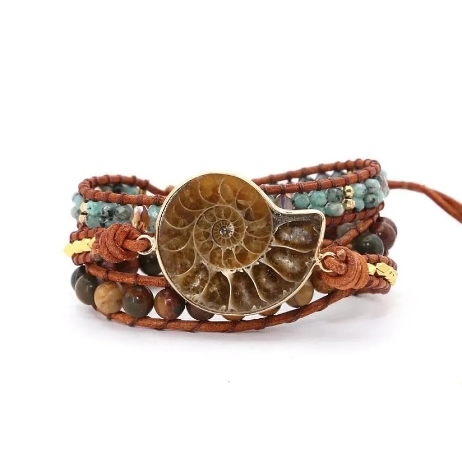 Natural Ammonite Fossil Jasper & African Turquoise Wrap Bracelet