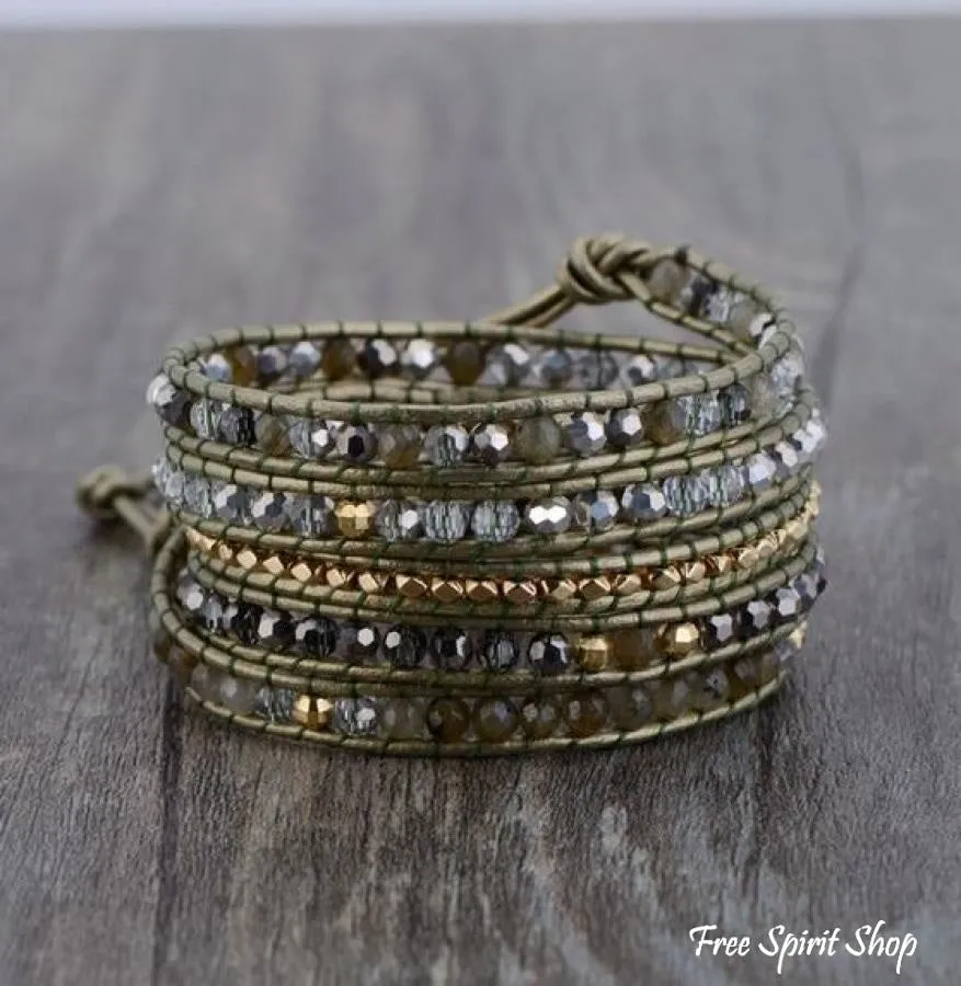 Natural Green Labradorite & Bronze Leather Wrap Bracelet