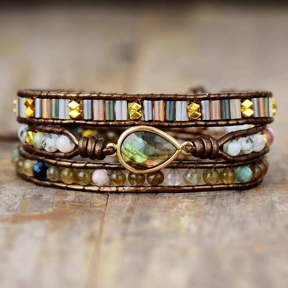 Natural Labradorite Teardrop Bronze Wrap Bracelet