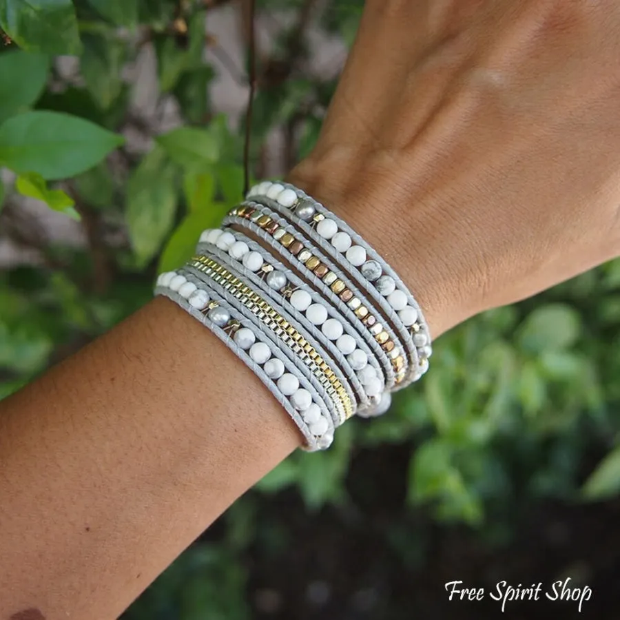 Natural White Howlite & Grey Pearl Wrap Bracelet