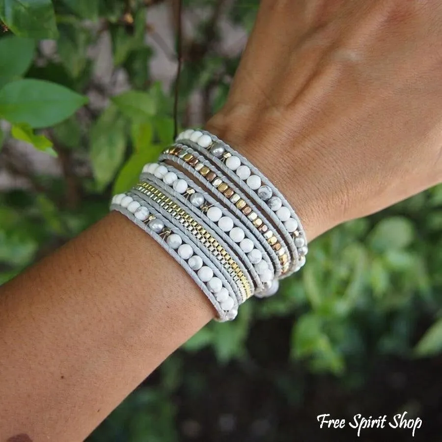 Natural White Howlite & Grey Pearl Wrap Bracelet