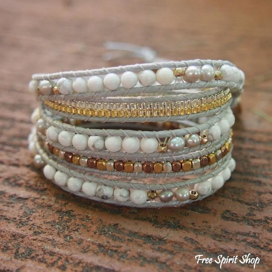 Natural White Howlite & Grey Pearl Wrap Bracelet