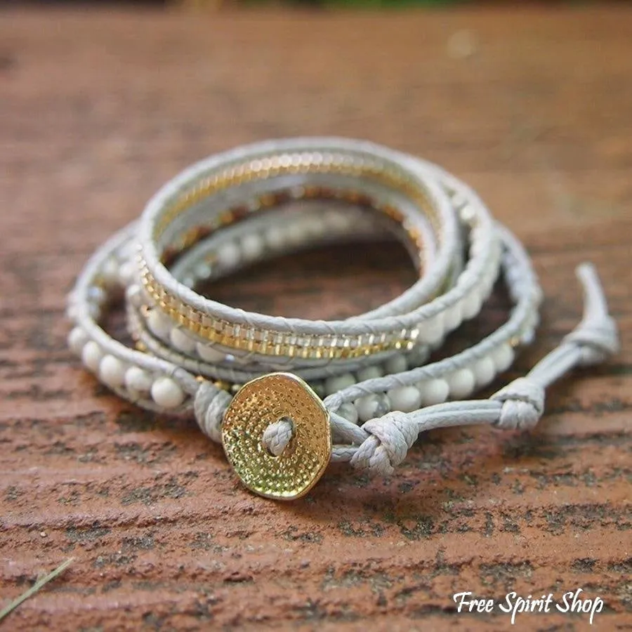 Natural White Howlite & Grey Pearl Wrap Bracelet