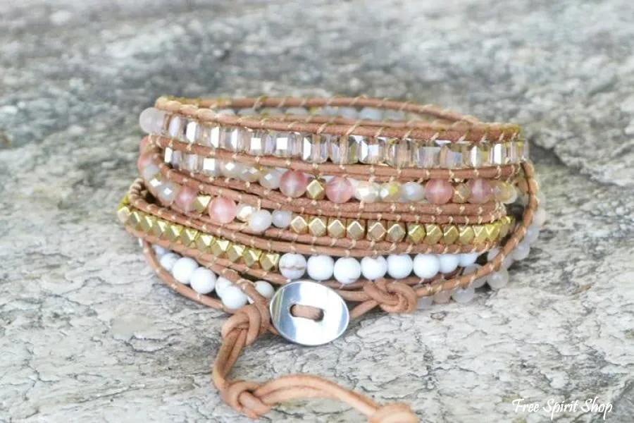 Natural White Selenite & Sunstone Wrap Bracelet