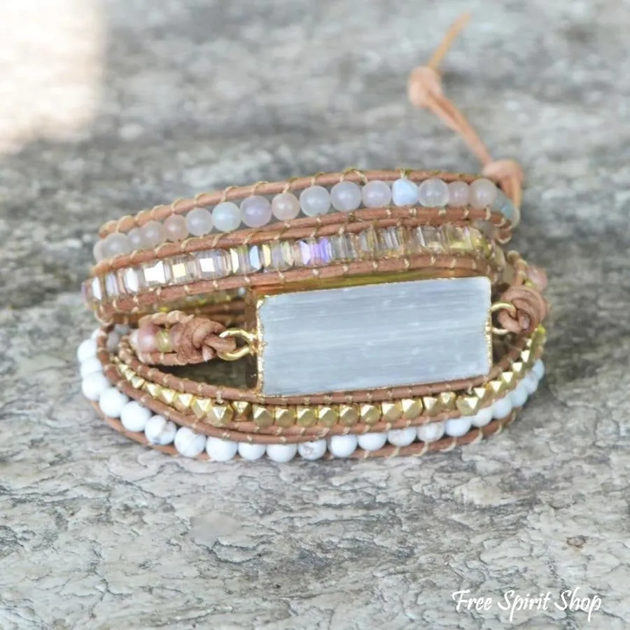 Natural White Selenite & Sunstone Wrap Bracelet