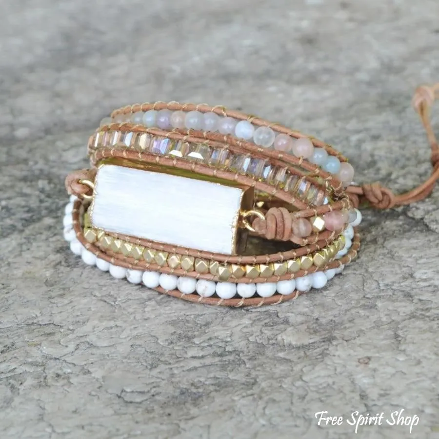 Natural White Selenite & Sunstone Wrap Bracelet