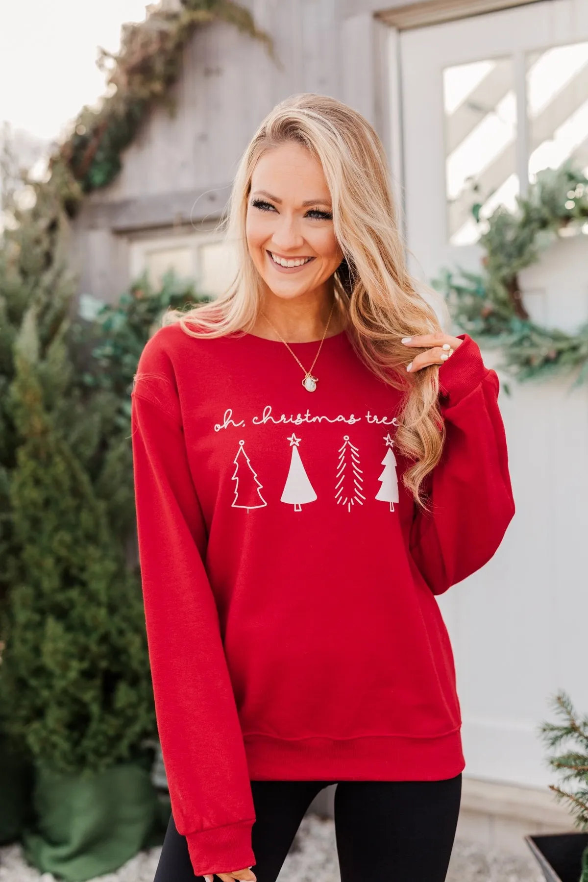 Oh Christmas Tree Graphic Crewneck Pullover- Holiday Red