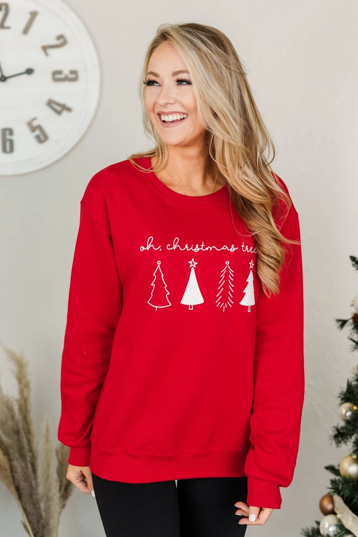 Oh Christmas Tree Graphic Crewneck Pullover- Holiday Red