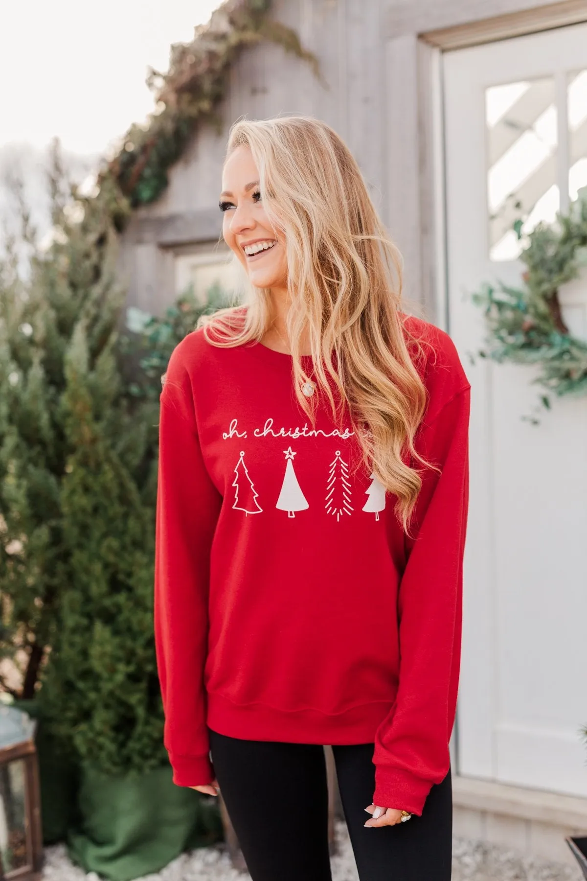 Oh Christmas Tree Graphic Crewneck Pullover- Holiday Red