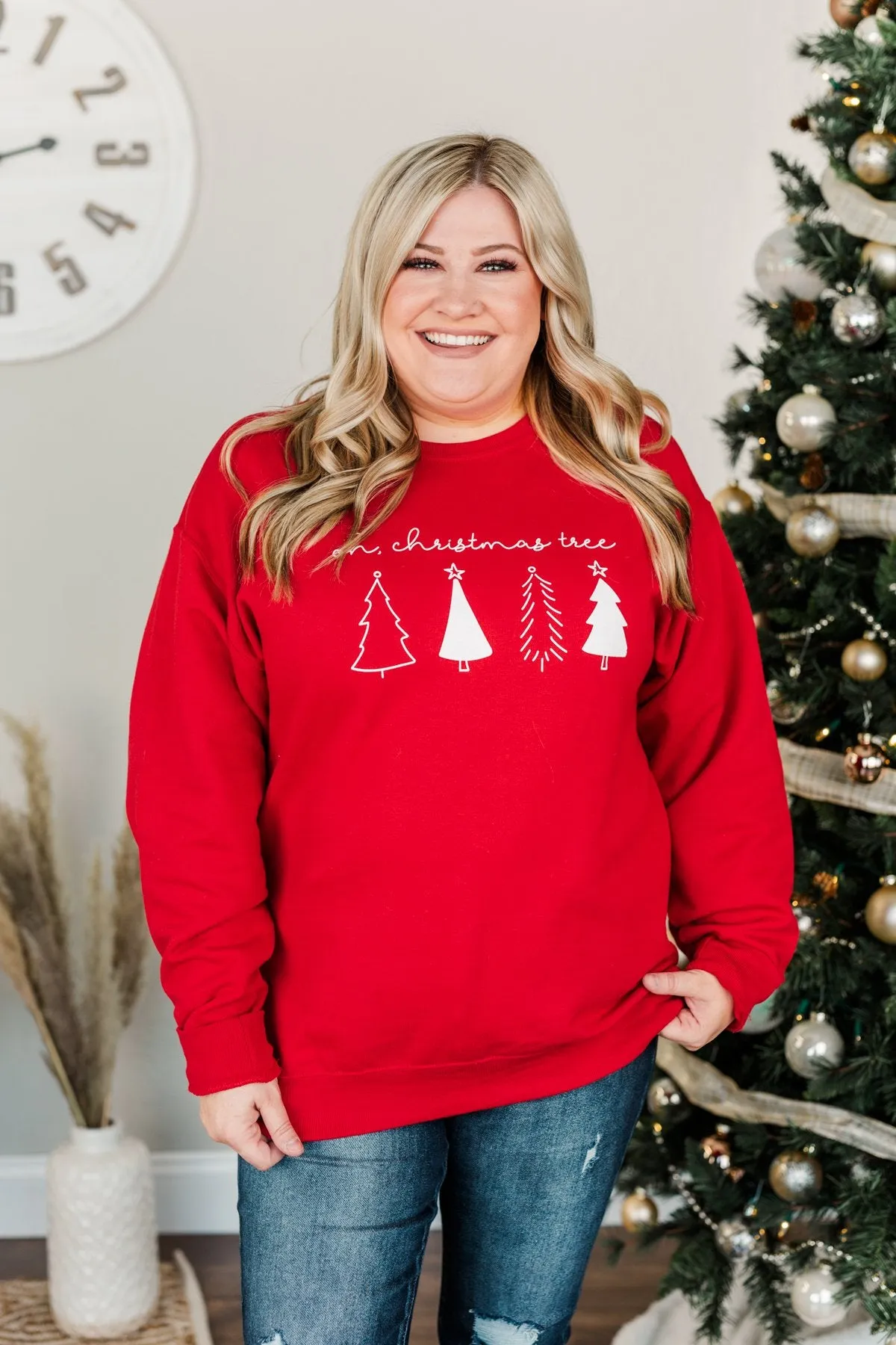 Oh Christmas Tree Graphic Crewneck Pullover- Holiday Red