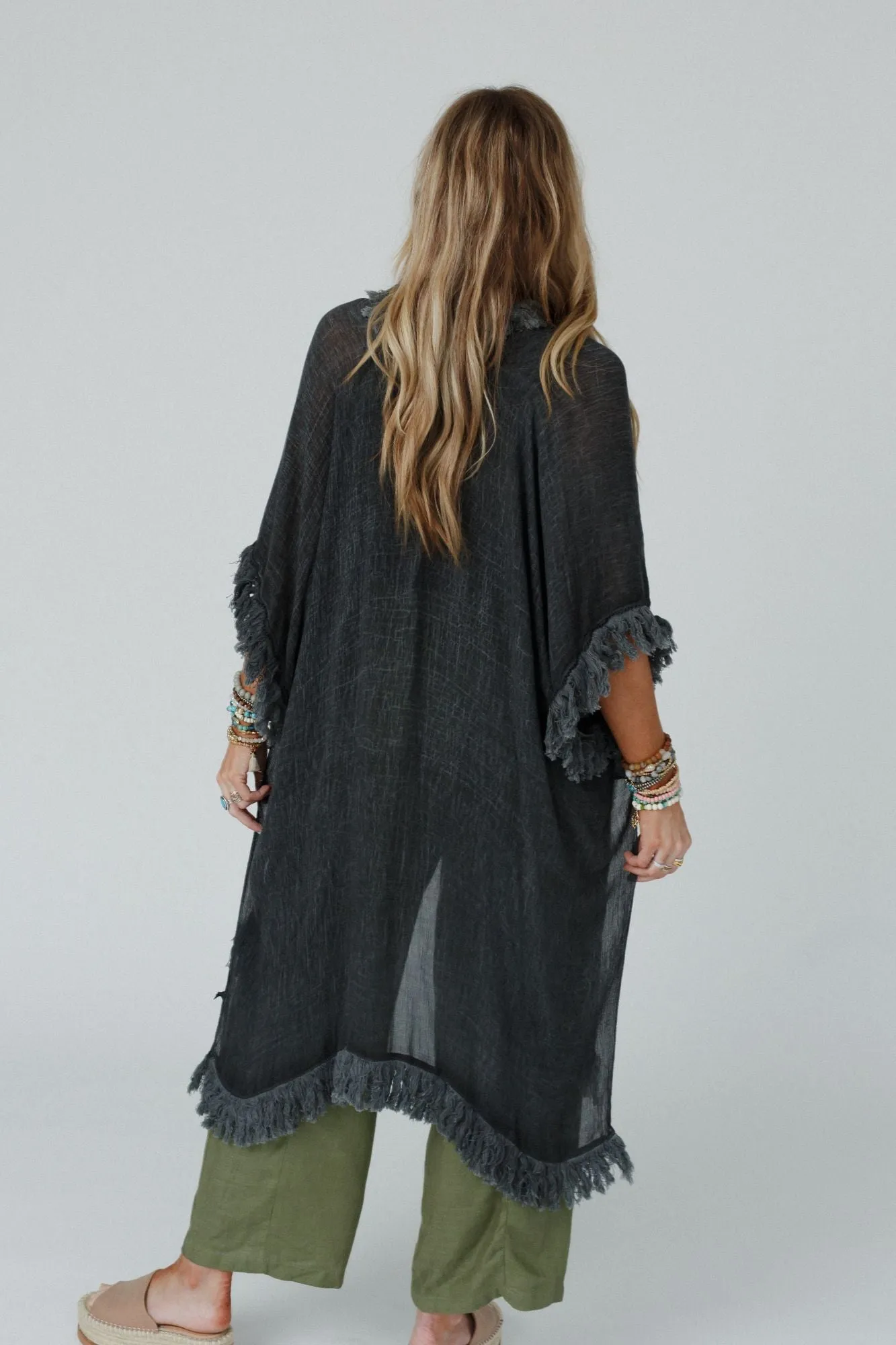 On The Edge Fringe Kimono - Charcoal