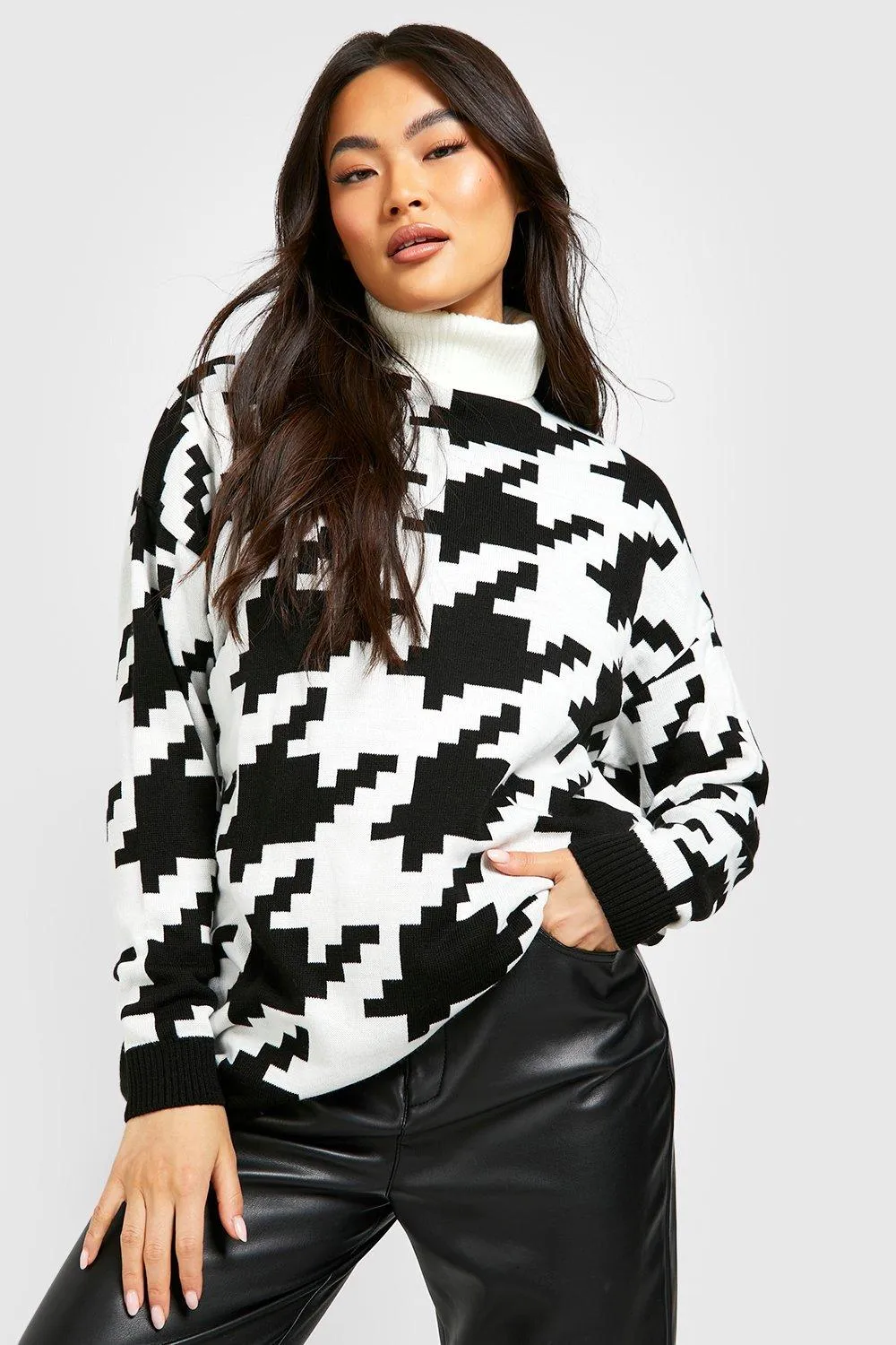 Oversized Dogtooth Turtleneck Sweater