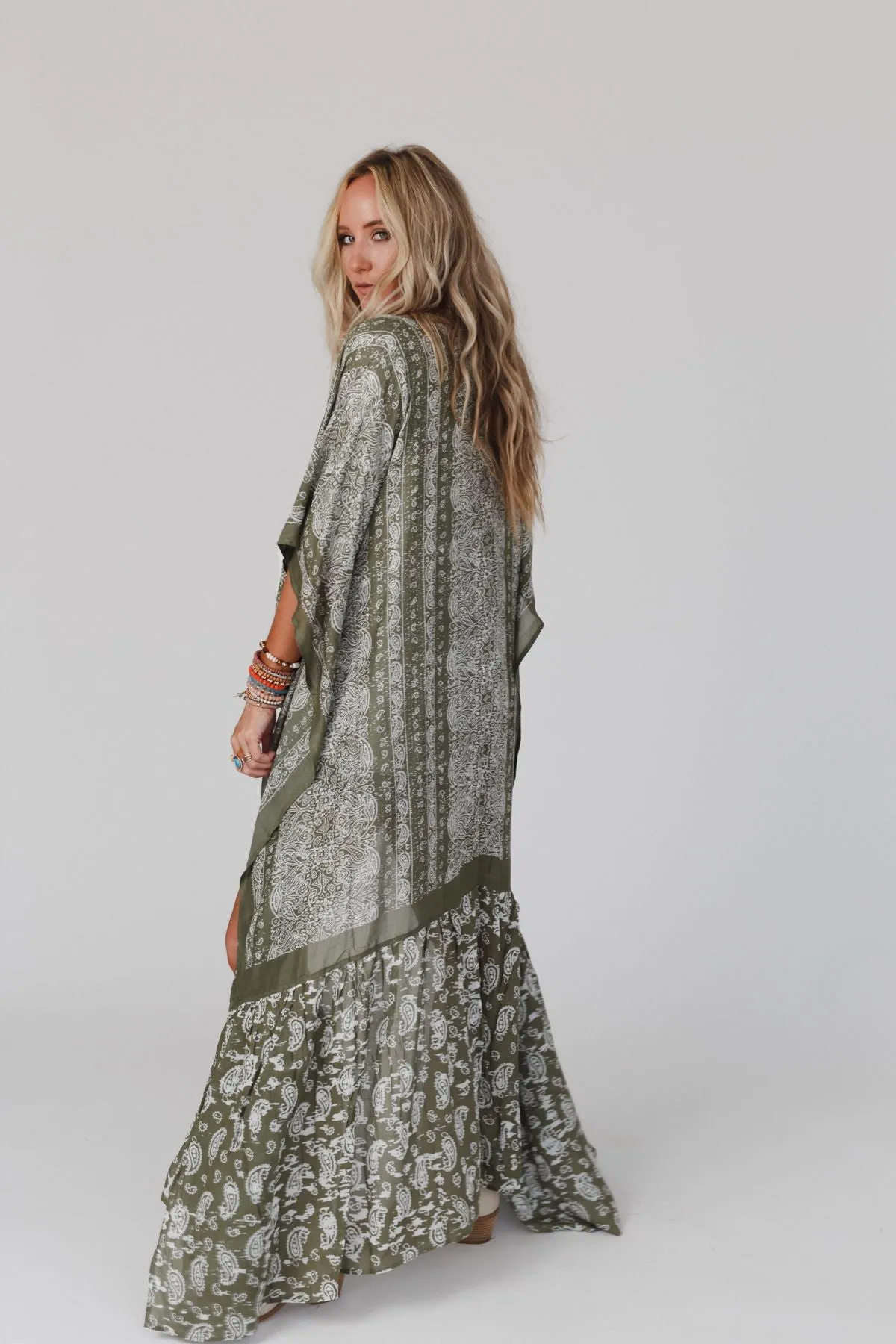 Paisley Tapestry Free Flow Duster Kimono - Olive