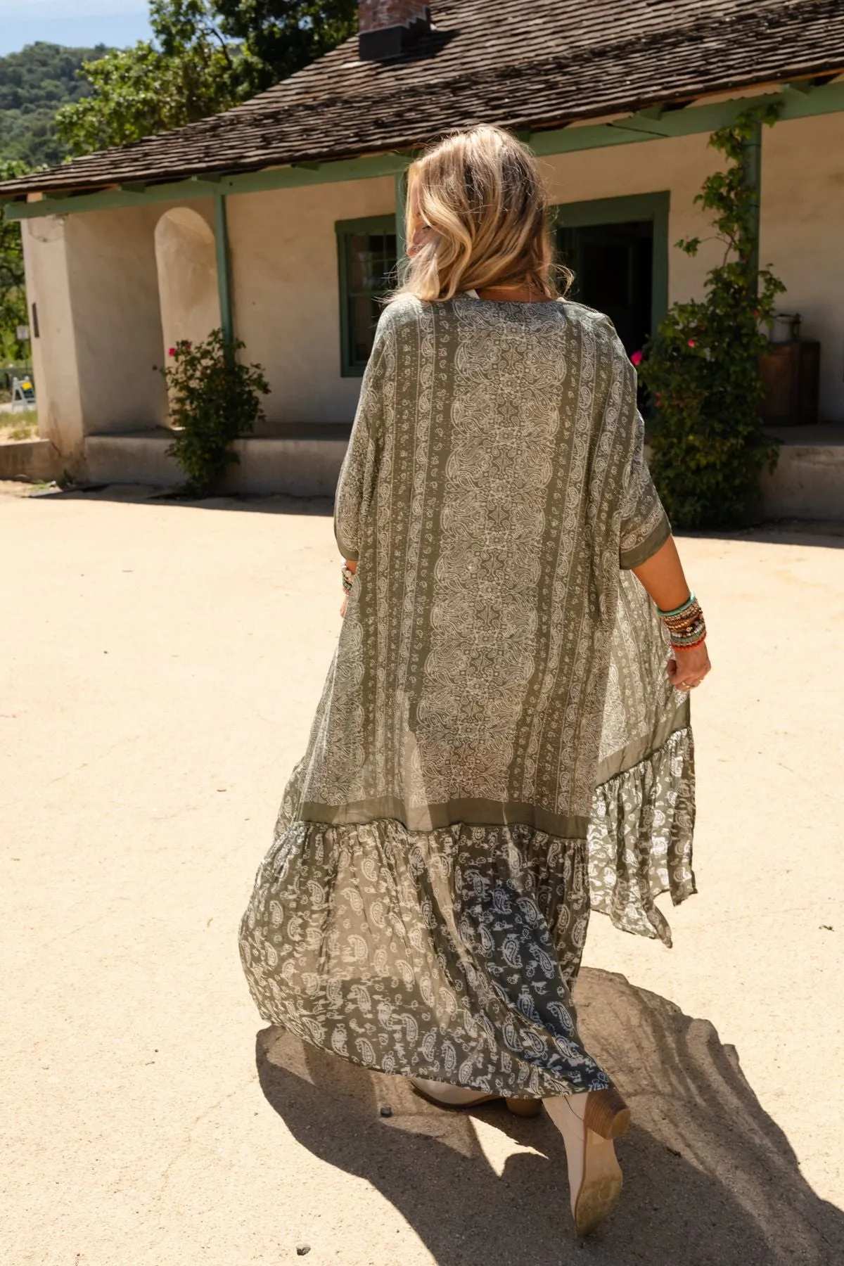 Paisley Tapestry Free Flow Duster Kimono - Olive