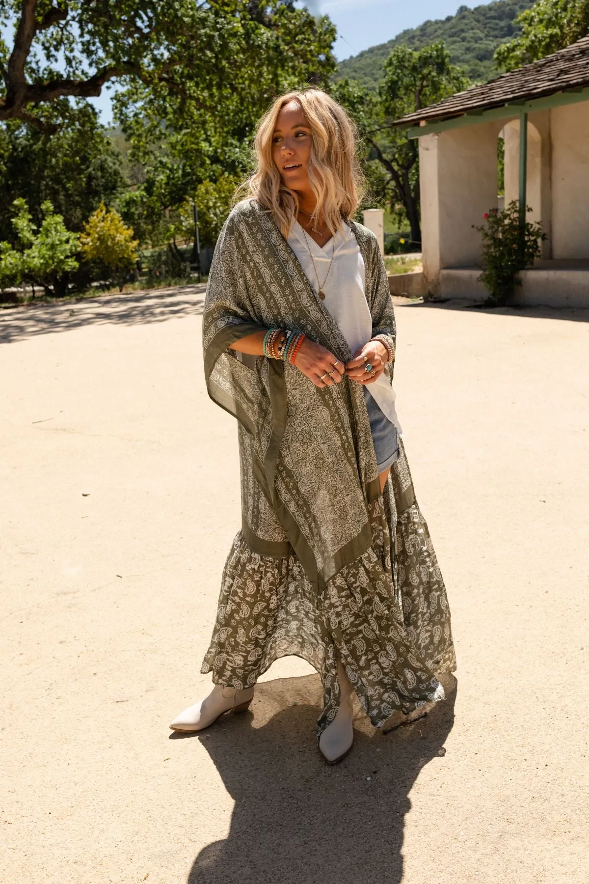 Paisley Tapestry Free Flow Duster Kimono - Olive