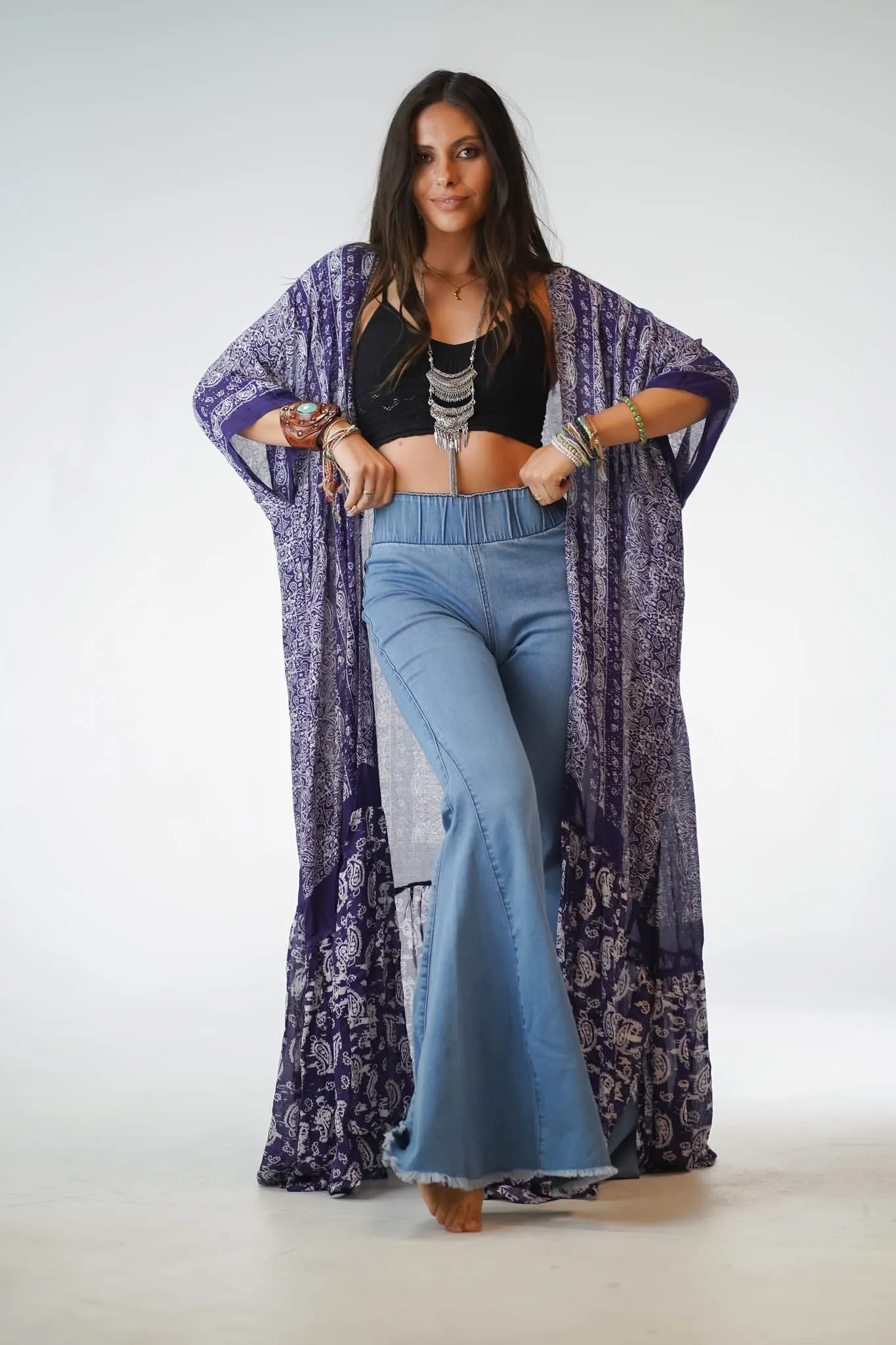 Paisley Tapestry Free Flow Duster Kimono - Purple