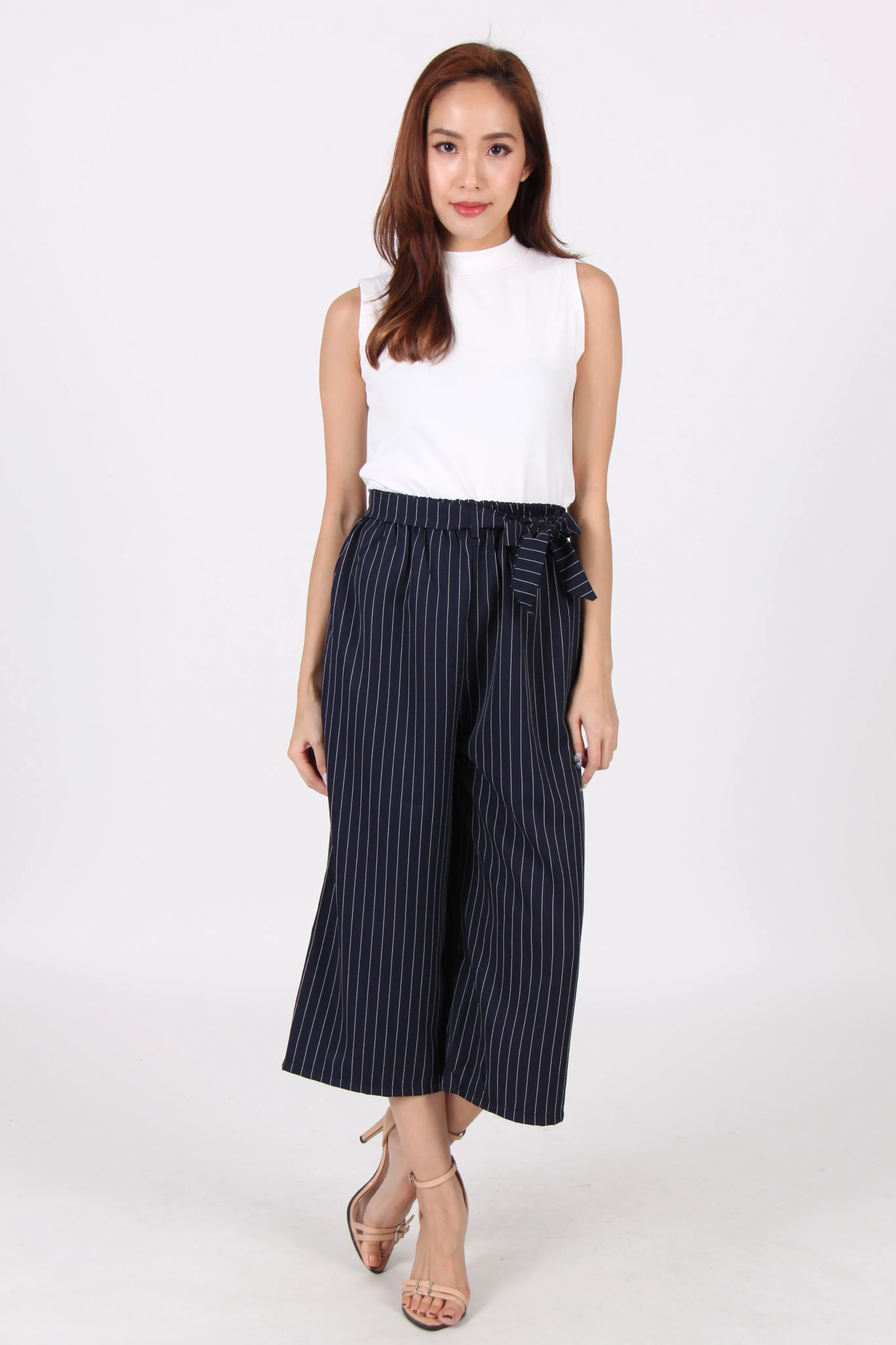 Pinstripes Ribbon Front Tie Culottes In Navy Blue