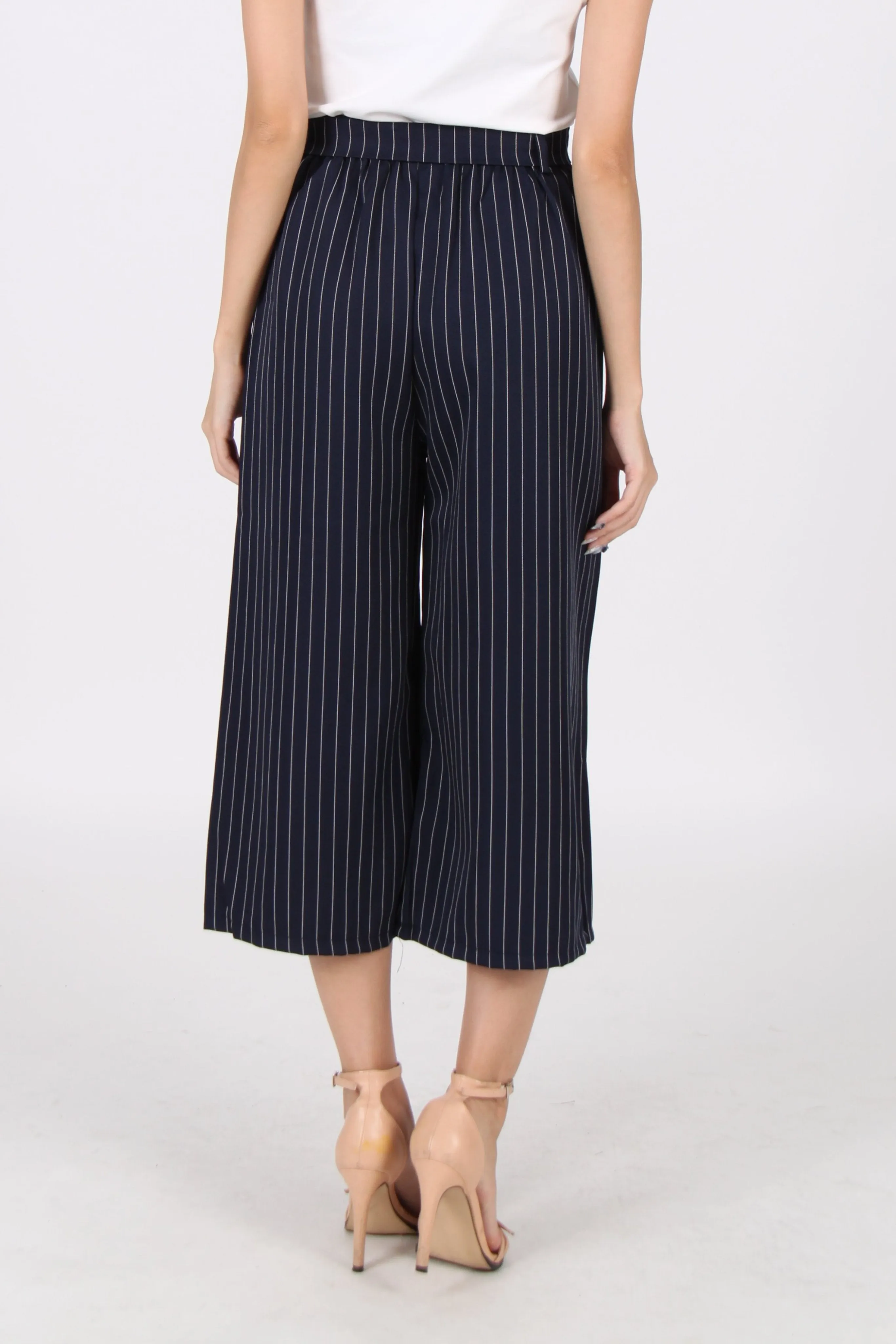 Pinstripes Ribbon Front Tie Culottes In Navy Blue