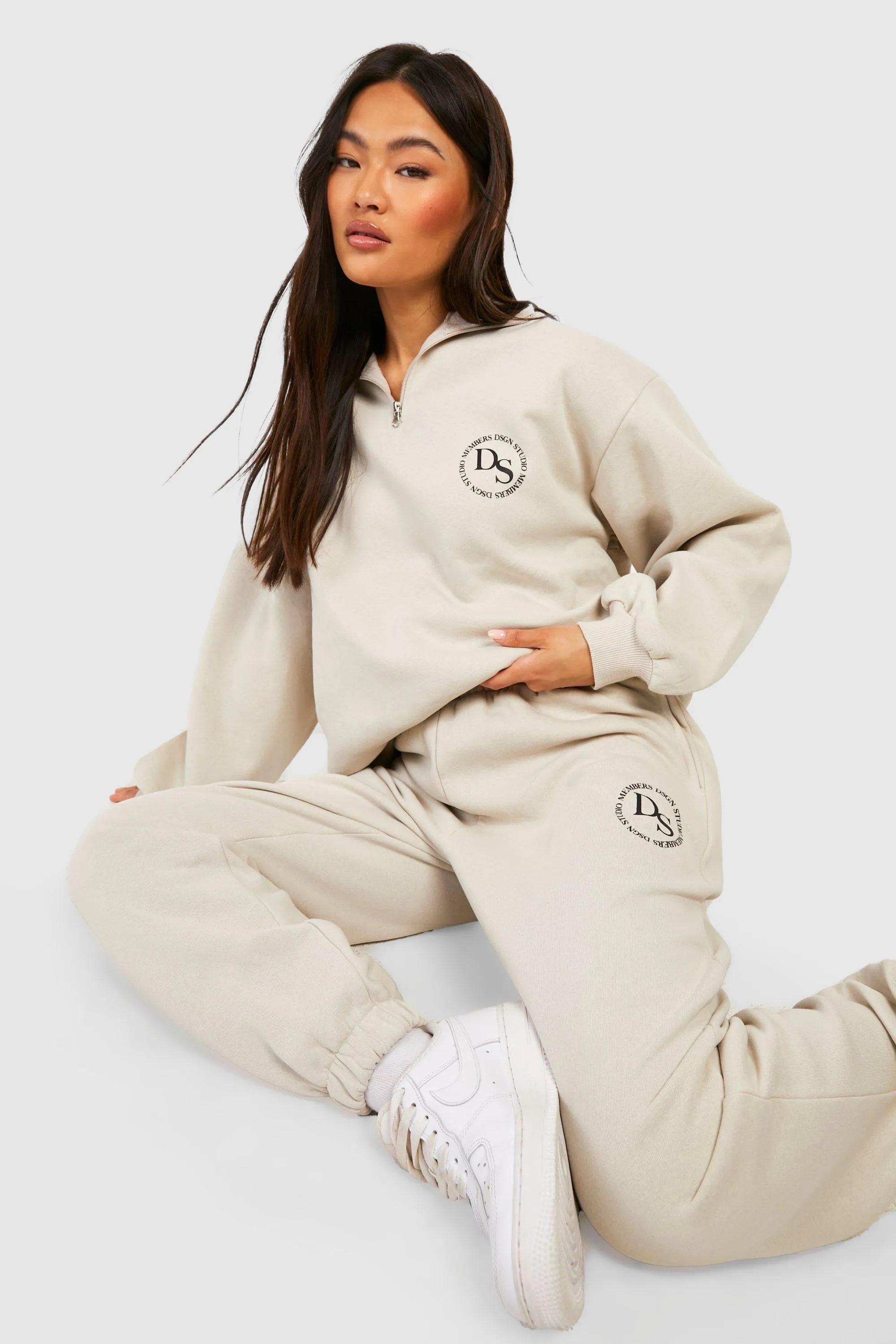 Printed Slogan Half Zip Sweater Tracksuit