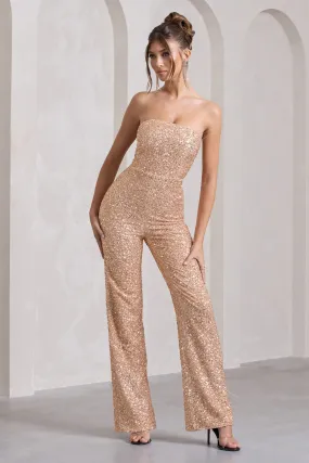 Ray | Rose Gold Sequin Bandeau Wide-Leg Jumpsuit