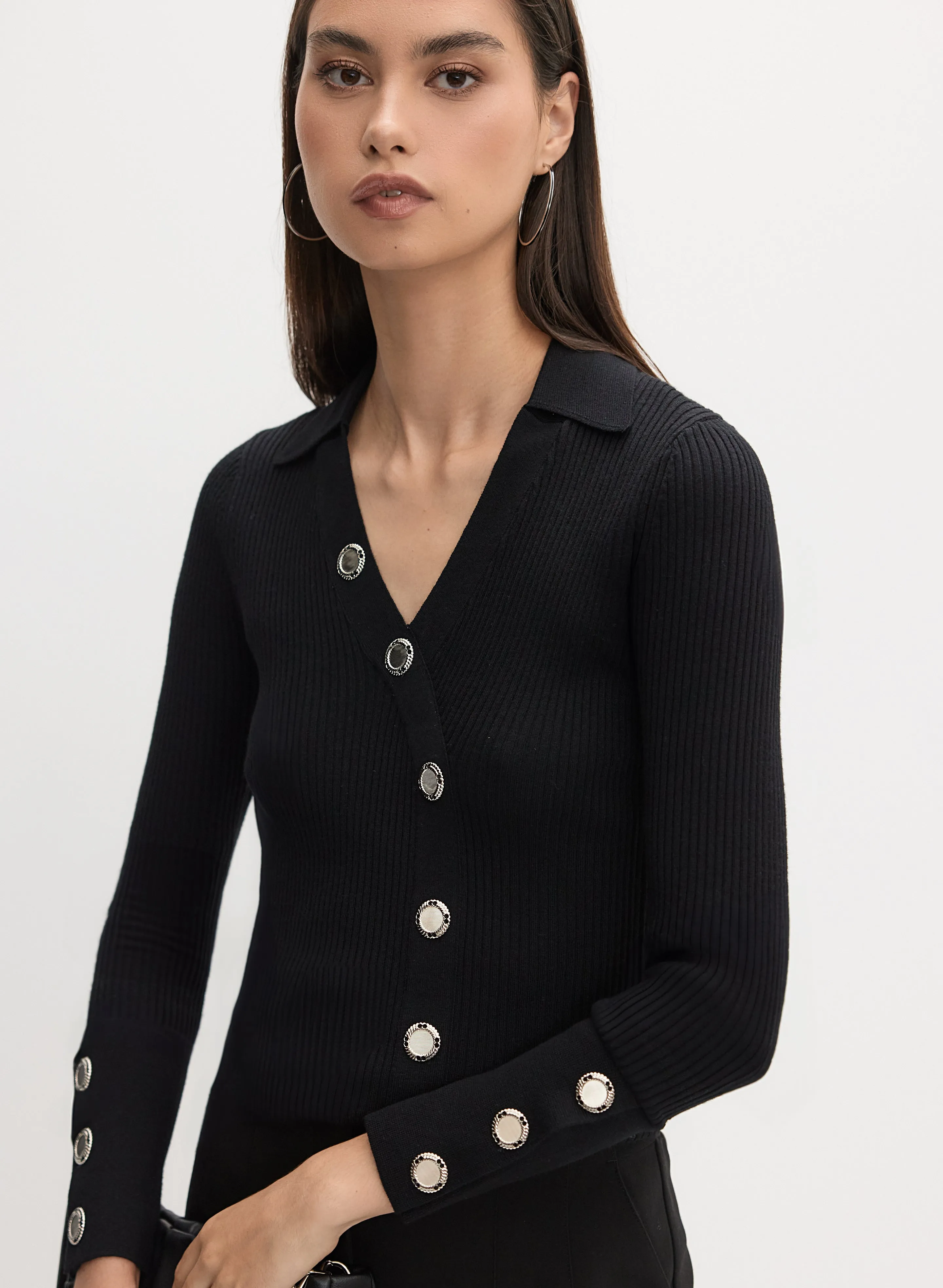 Ribbed Asymmetrical Button-Up Sweater