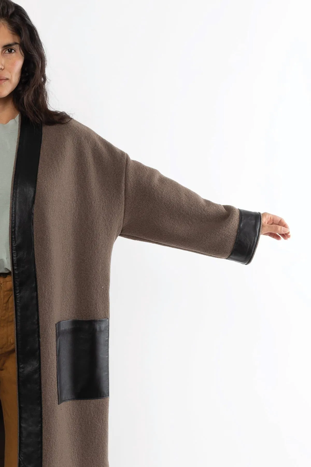 RWL100 - Wool Coat with Leather Trim