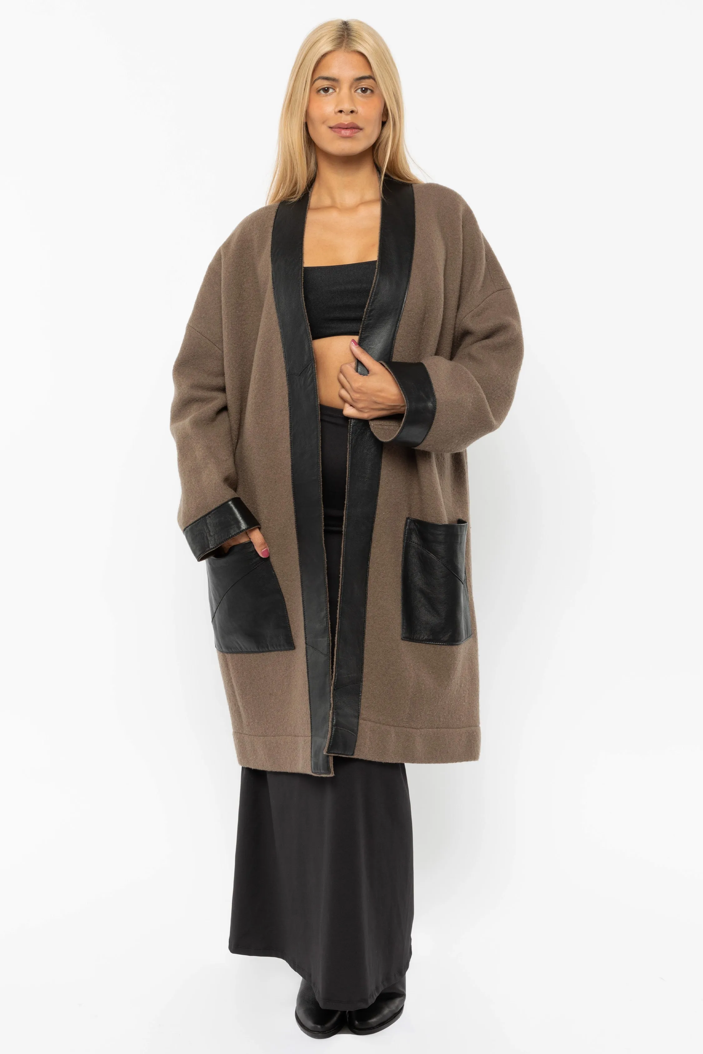 RWL100 - Wool Coat with Leather Trim