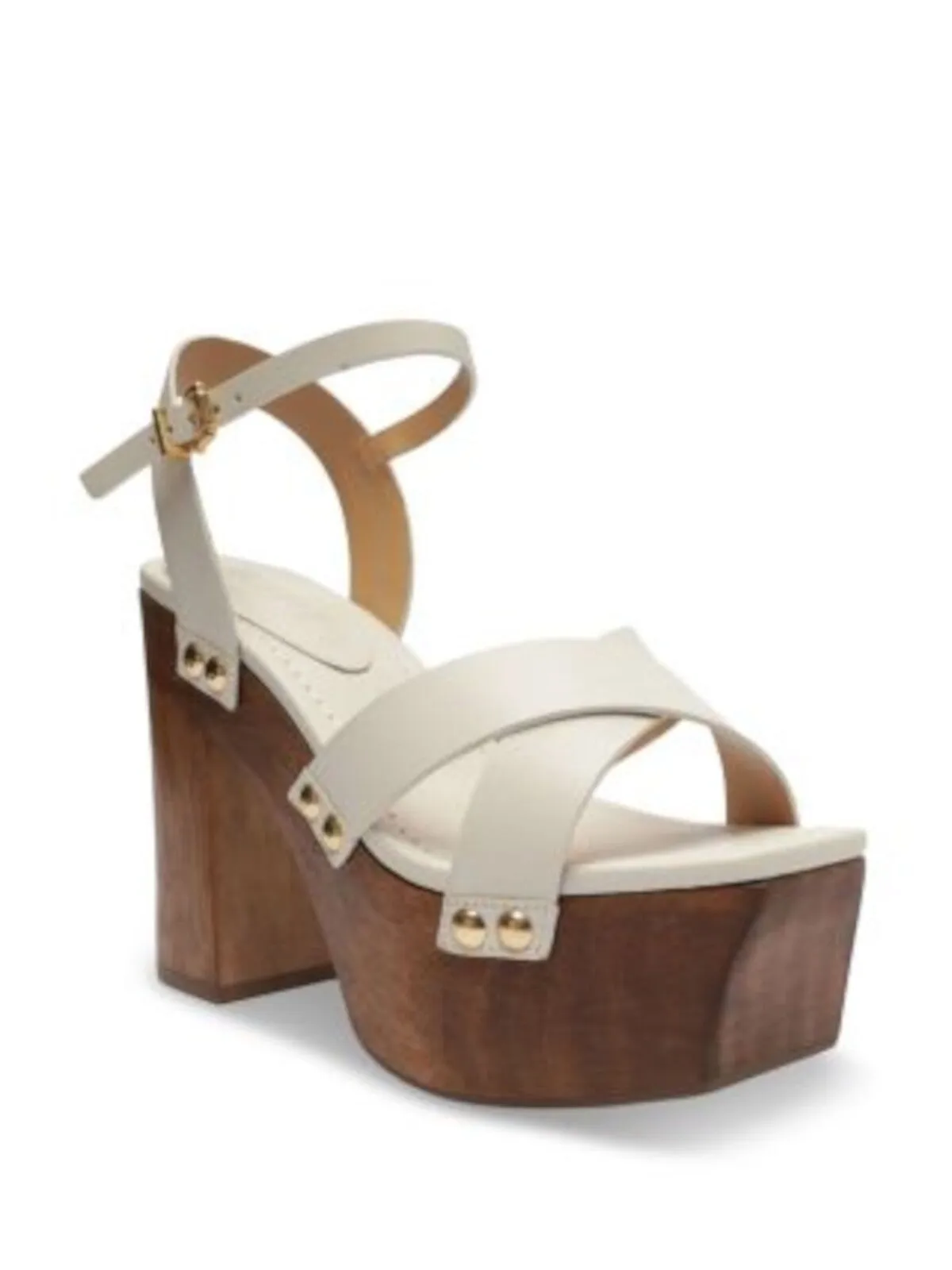 SCHUTZ Womens Beige Ankle Strap 2 Platform Padded Studded Gaylah Square Toe Block Heel Buckle Leather Heeled B