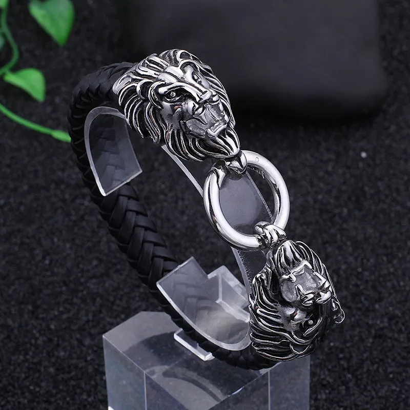 Stainless Steel Braided Black Leather Double Lions Bracelet