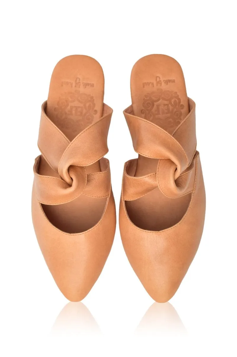 Taj Mahal Pointy Toe Mules in Light Tan