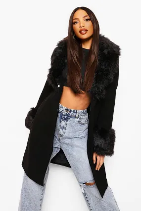 Tall Faux Fur Collar And Cuff Coat