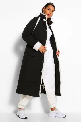 Tall Padded Contrast Faux Fur Trim Longline Coat