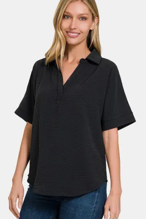 Texture Collared Neck Short Sleeve Top