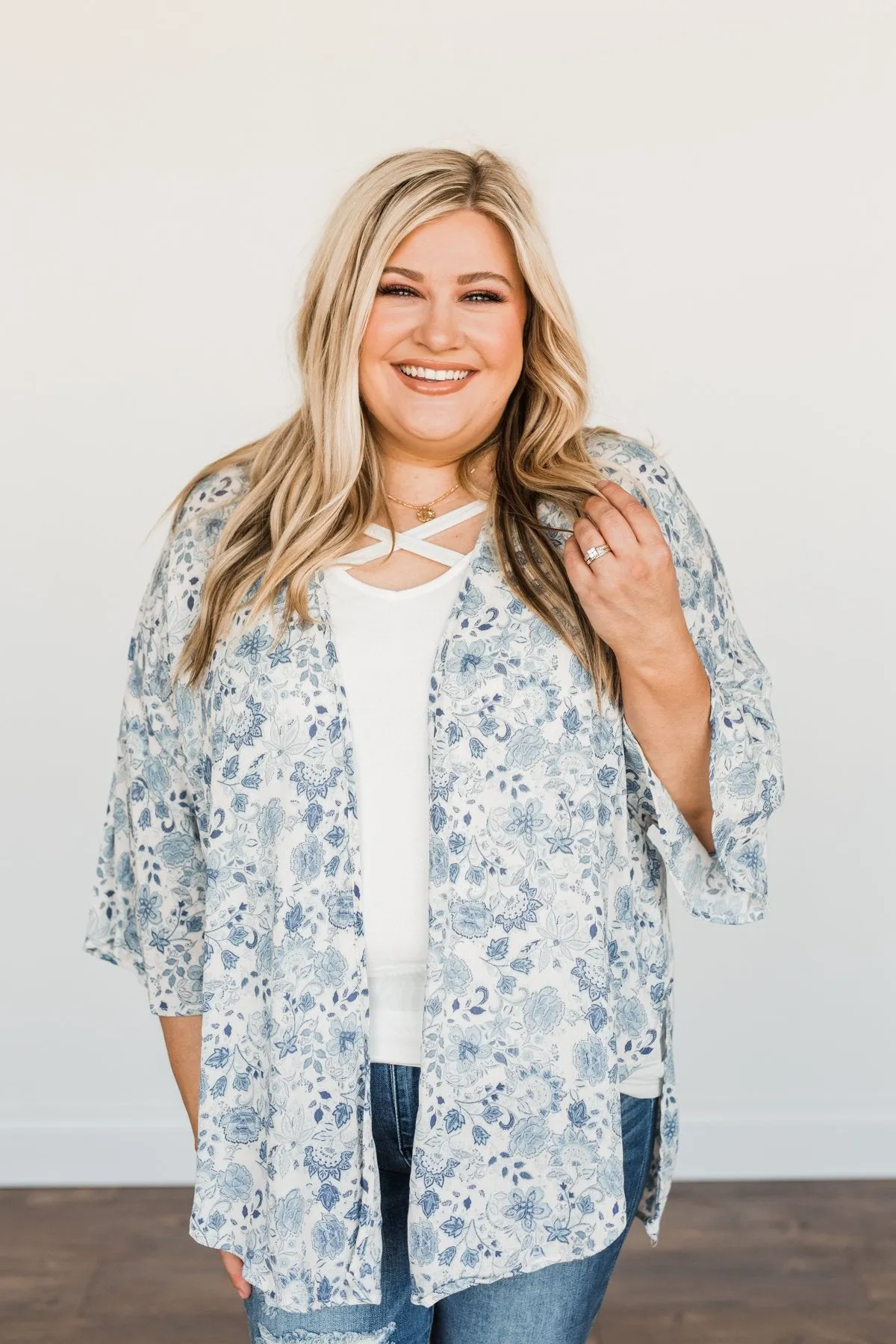 Thoughtful Wishes Floral Kimono- Ivory & Blue