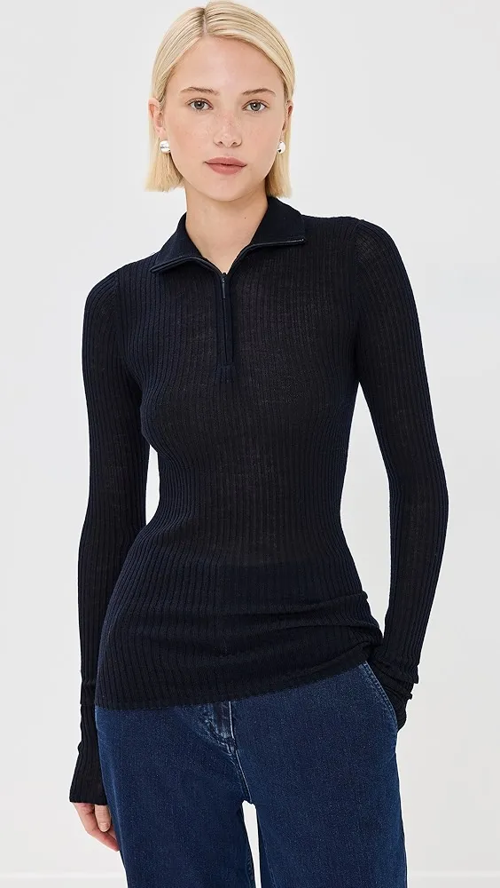 Tibi   Feather Weight Ribbed Turtleneck Zip Up Sweater 