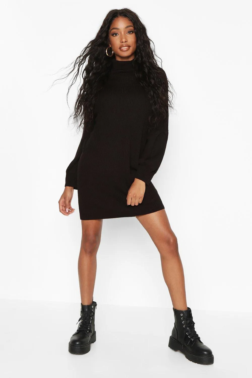 Turtleneck Blouson Sleeve Sweater Dress