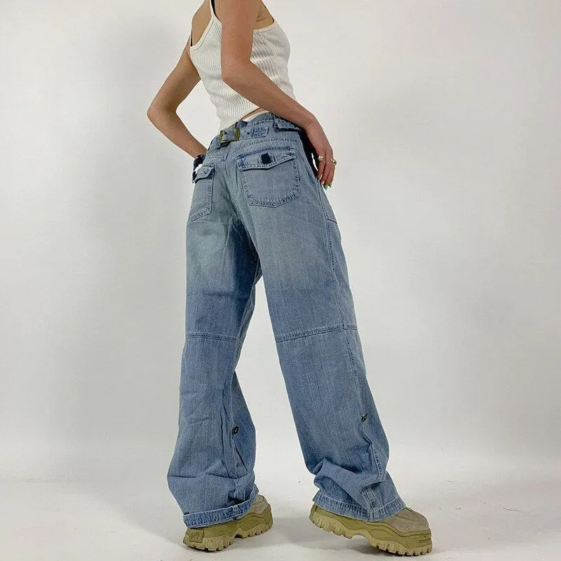 Women Baggy Denim Cargo Jeans High Waist Vintage Hollow Out Long Pants Streetwear Harajuku Straight Legs Blue Trousers