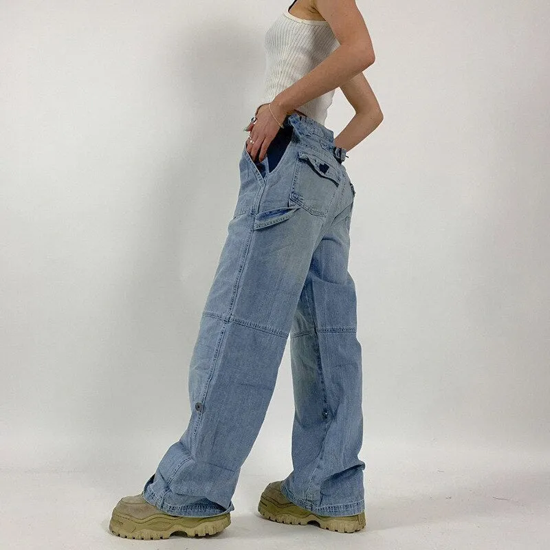 Women Baggy Denim Cargo Jeans High Waist Vintage Hollow Out Long Pants Streetwear Harajuku Straight Legs Blue Trousers