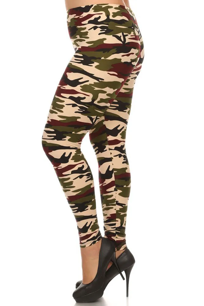 Women's Plus Light Military Camouflage Pattern Print Leggings - Olive Maroon Black