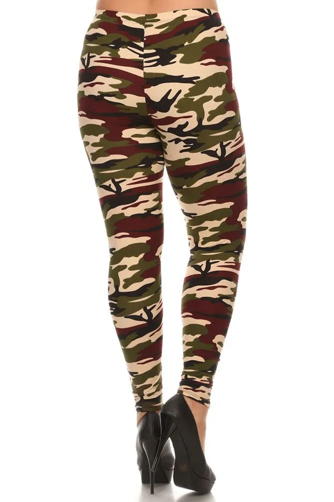 Women's Plus Light Military Camouflage Pattern Print Leggings - Olive Maroon Black