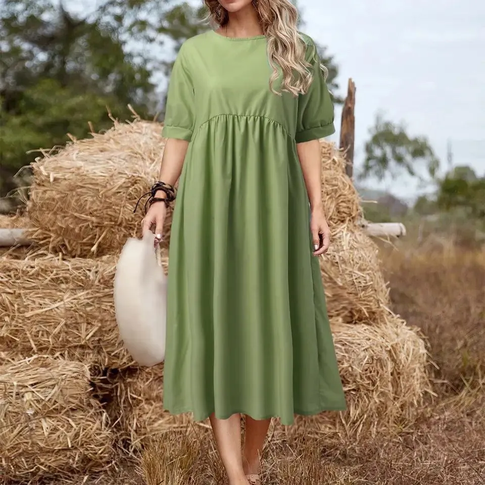 Women's Short Sleeve Solid Loose Waist O-Neck Comfortable Style Casual Summer Long Dress 5XL B-108260