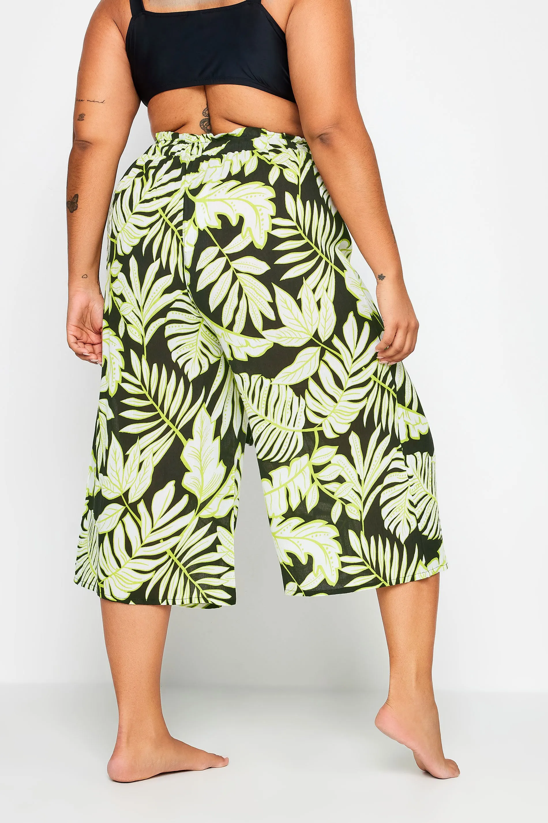 YOURS Curve Black & Green Leaf Print Culottes