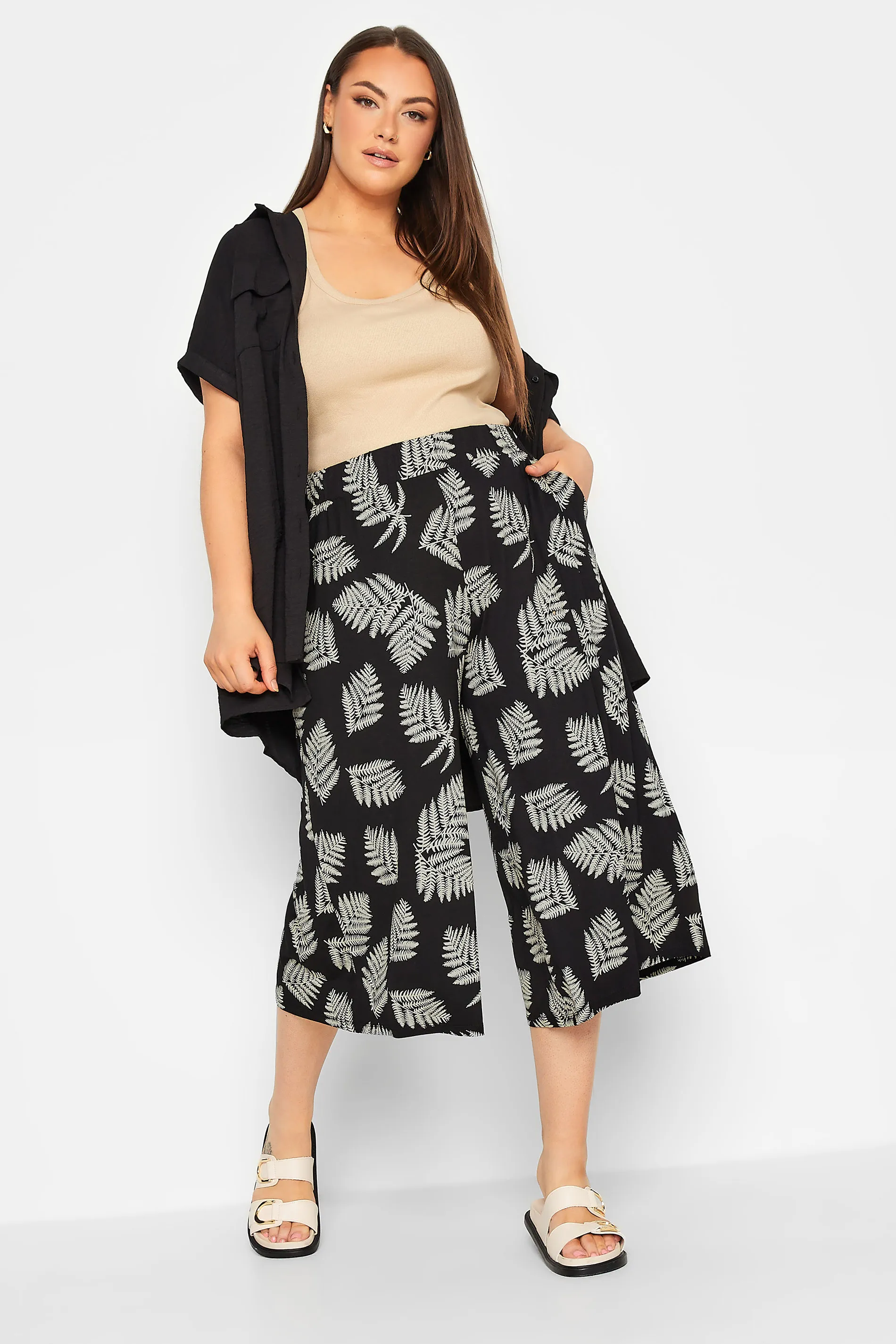 YOURS Curve Black & Natural Leaf Print Midaxi Culottes